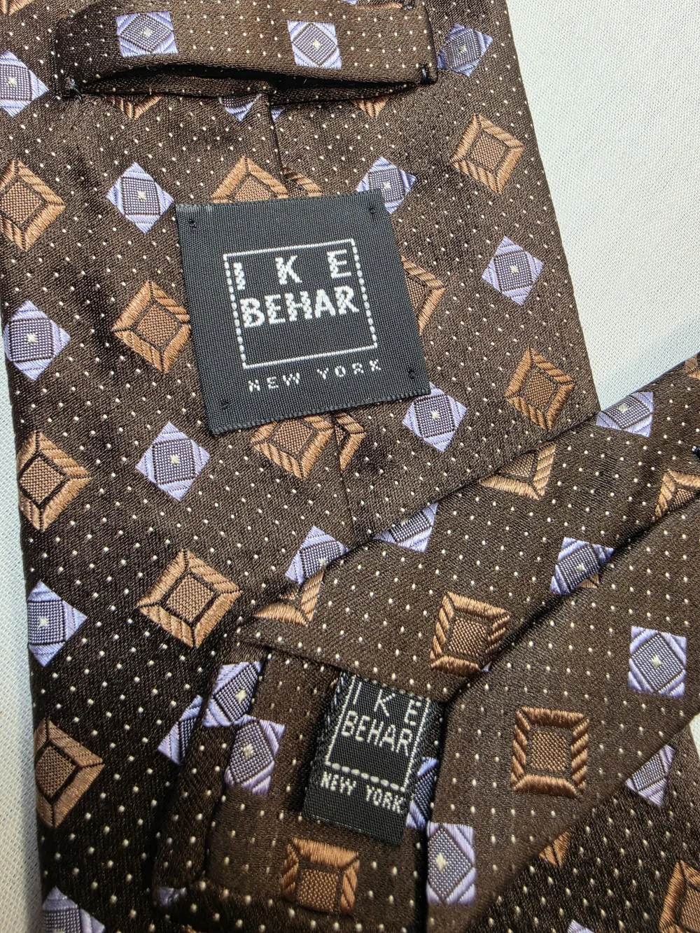Mens Ike Behar Brown Tie with Silver & Tan Geometric Motif Necktie